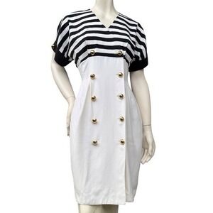 Joseph‎ Ribkoff Nautical Dress V-Neck Gold Button Striped Vintage 80s Sailor M